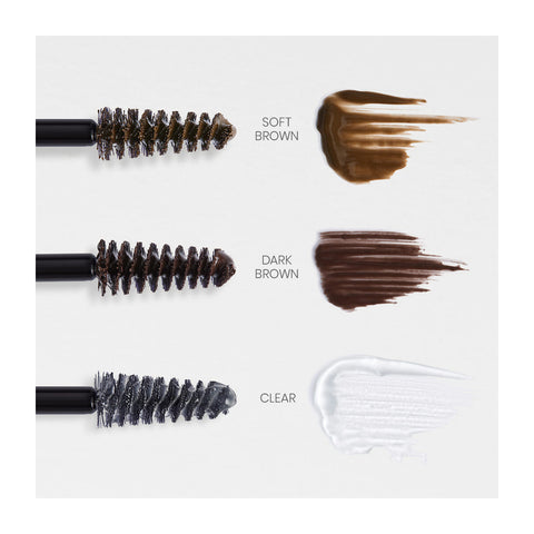 Three RevitaLash Hi-Def Brow Gel eyebrow brushes on a white background: Soft Brown with a brown swatch, Dark Brown with a darker brown swatch, and Clear, featuring an eyebrow setting precision styling brush for perfect brows.
