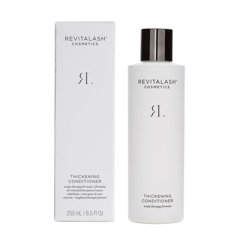 A 250mL bottle of RevitaLash Cosmetics Thickening Conditioner Scalp Therapy Formula, hypoallergenic and renowned for its nourishing qualities, is displayed next to its box. The design features a sleek white bottle with a black cap and straightforward typography, mirrored by the information on the box.