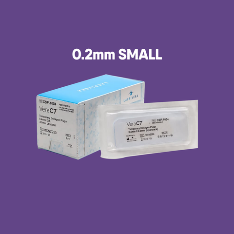 A box of Lacrivera VeraC7 Collagen Plugs sits beside an individual plug package. The text 0.2mm SMALL is prominently displayed on a vibrant purple background, perfect for temporary punctal occlusion and dry eye therapy.