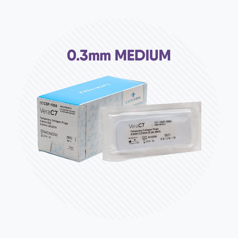 Image of a box and packet of Lacrivera VeraC7 Collagen Plugs 7 day (60 Plugs 10 x 6) for temporary punctal occlusion in dry eye therapy with 0.3mm Medium size, against a subtle diagonal line pattern.