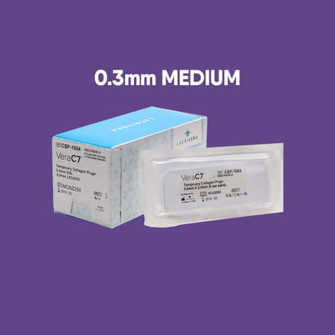 A box and packet labeled Lacrivera VeraC7 Collagen Plugs 7 day are set against a purple background, ideal for dry eye therapy. 0.3mm MEDIUM is displayed above, highlighting their use in temporary punctal occlusion with collagen plugs.