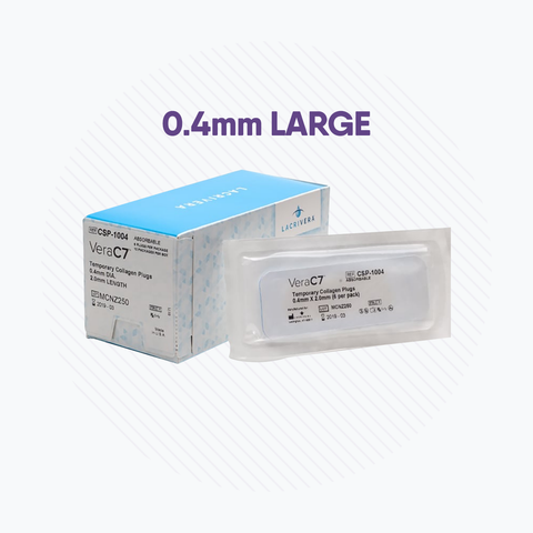 An image features the Lacrivera VeraC7 Collagen Plugs package alongside a sealed plug, designed for dry eye therapy with 0.4mm LARGE temporary punctal occlusion. Text in purple on a striped background highlights Lacriveras dedication to innovative eye care.