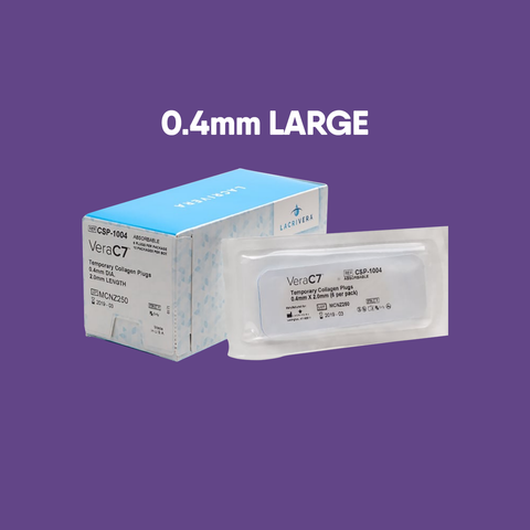 A purple backdrop showcases a VeraC7 box and a single item, marked 0.4mm LARGE in white, hinting at a medical or cosmetic item used for temporary punctal occlusion in dry eye therapy. Product: Lacrivera VeraC7 Collagen Plugs 7 day (60 Plugs 10 x 6).