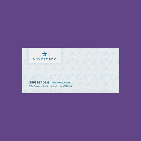 Business card with a purple background showcasing Lacriveras logo and contact info. Call (855) 857-0518 or visit lacrivera.com. Visit us at 2500 Sandersville Rd, Lexington KY 40511, USA. The geometric pattern highlights our expertise in dry eye therapy using VeraC7 Collagen Plugs (60 Plugs 10 x 6).