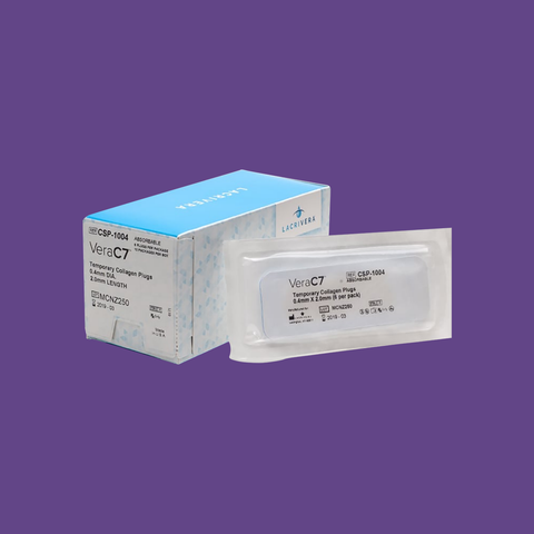 Against a purple backdrop, a blue and white VeraC7 box sits beside a sealed transparent pouch, offering Lacrivera VeraC7 Collagen Plugs for dry eye therapy through temporary punctal occlusion.