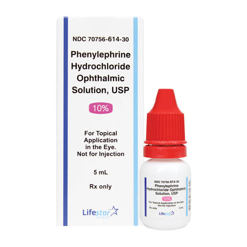 A 5mL bottle labeled Phenylephrine Ophthalmic Solution 10% with a red cap is next to its packaging box, featuring the Brand Name Lifestar. The solution includes Benzalkonium Chloride for enhanced stability and effectiveness and comes with cold shipping.