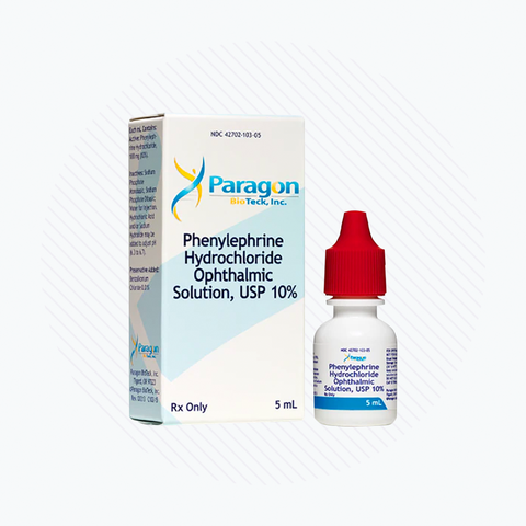 A 5mL bottle labeled Phenylephrine Ophthalmic Solution 10% with a red cap is next to its packaging box, featuring the Brand Name Bioteck. The solution includes Benzalkonium Chloride for enhanced stability and effectiveness and comes with cold shipping.