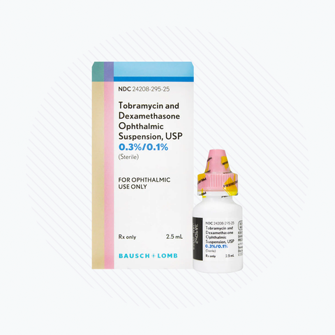 The Bausch & Lomb Tobramycin and Dexamethasone Ophthalmic Suspension 0.3%/0.1% (2.5 mL), with a pink cap, is sterile and intended for ophthalmic use against bacterial eye infections.