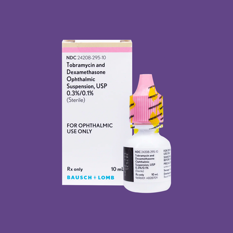 Displayed on a purple backdrop, the Tobradex eye drop bottle and box feature Tobramycin and Dexamethasone Ophthalmic Suspension 0.3%/0.1%. Made by Bausch & Lomb for ophthalmic use, it effectively treats bacterial eye infections.