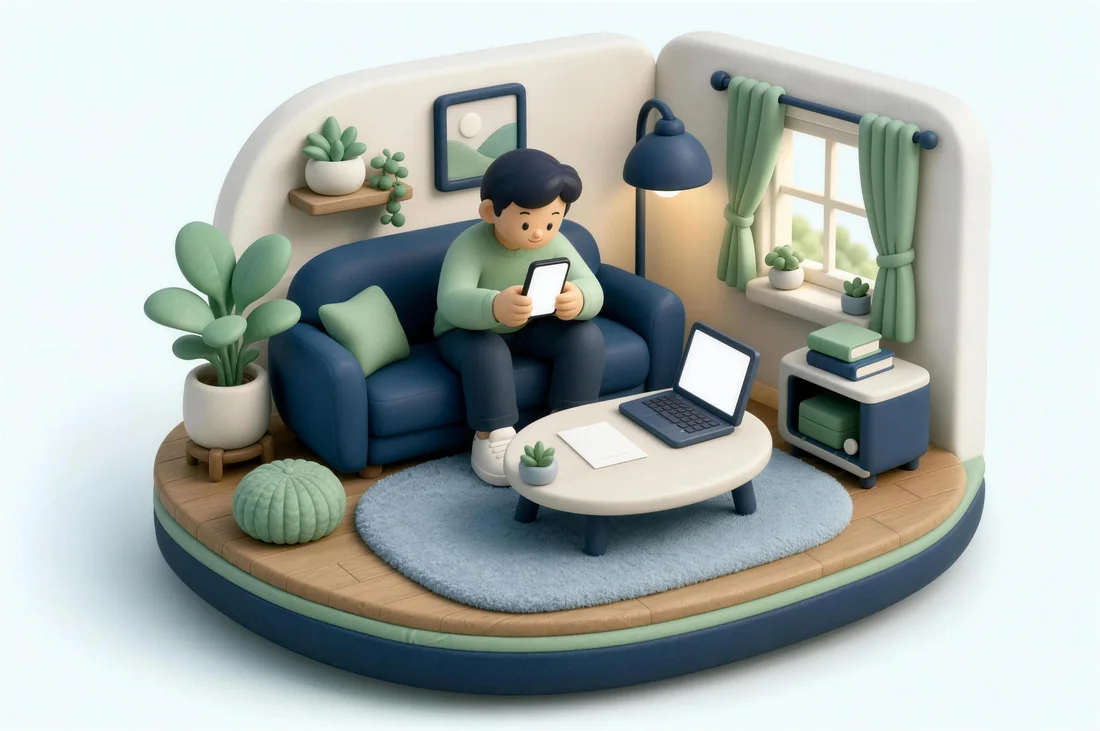 Miniature clay living room with a patient ordering lenses online