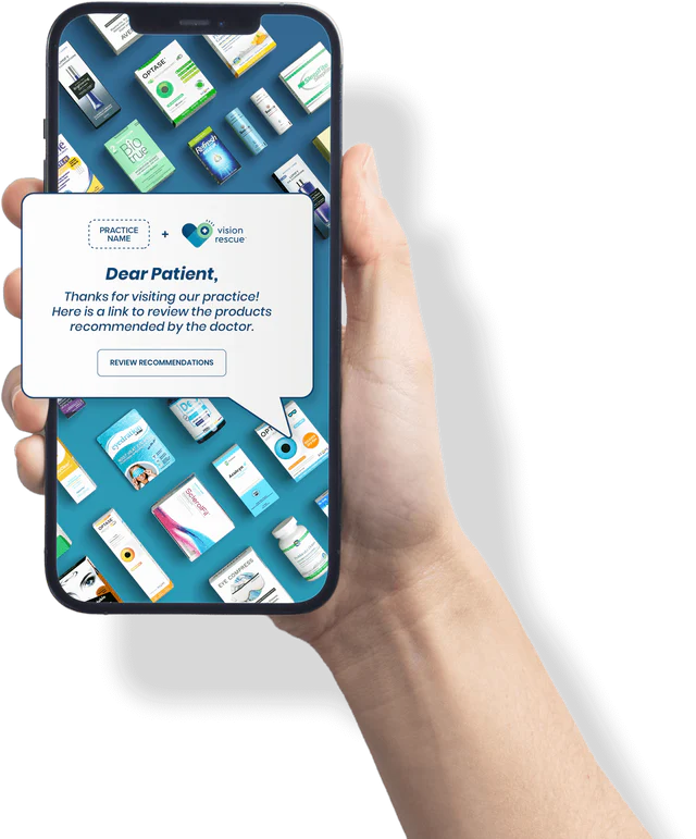 A patient's phone showing the doctor's RescueLink product recommendations