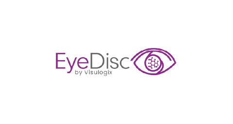 White EyeDisc by Visualogix logo on a purple background. The “Eye” part forms an outline of an eye with a circular grid, resembling a disc, inside the iris.
