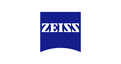 The Zeiss logo features the word ZEISS in bold, white, uppercase letters centered on a blue rectangle with a curved bottom edge.