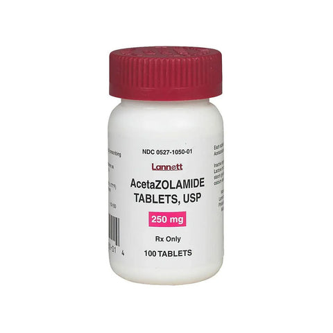 A white plastic bottle with a red cap labeled Acetazolamide 250 mg by MedPharma USA for glaucoma, marked Rx Only, containing 100 tablets. The product code is NDC 0527-1050-01.