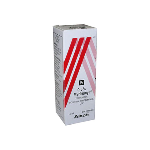 Box of Tropicamide 0.5% (Mydriacyl), 15mL, by MedPharma USA features red diagonal stripes and product details.