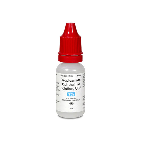 A small white bottle with a red cap labeled Tropicamide Ophthalmic Solution, USP 1% by MedPharma USA is a mydriatic agent for pupil dilation, marked For Topical Ophthalmic Use Only, in a 15mL volume.