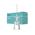 A hypodermic needle with a transparent protective cover stands upright in front of a turquoise box labeled TSK SteriJect Disposable Needles, 30g x 1/2, 100/Box by MedPharma USA, featuring various icons and multilingual text.