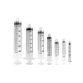 A row of six syringes, including a MedPharma USA 10cc syringe with a 21g x 1½ needle, spans from 60ml to 1ml. Each transparent syringe features black markings and plungers against a white background.