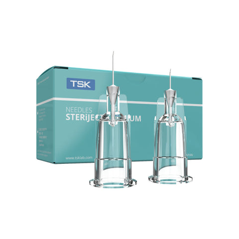 Two 33g needles with protective covers, ideal for subcutaneous injections, are placed in front of a green and white MedPharma USA box labeled TSK SteriJect Disposable Needles. The box is tilted slightly to the right.