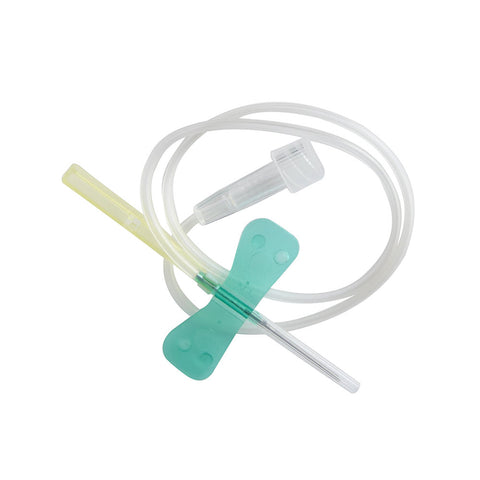 The MedPharma USA Winged Infusion Set features a green winged grip, 21g needle with a yellow cap, and 12 transparent tubing, ideal for IV therapy.