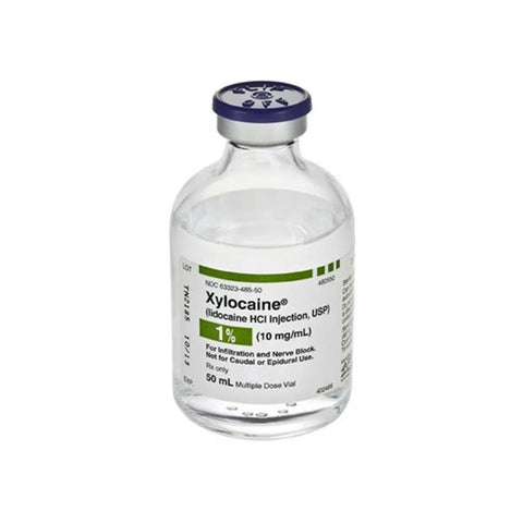 A glass vial labeled Xylocaine Injection 1%, 50ml by MedPharma USA contains Lidocaine HCl, USP, 1% (10 mg/mL), ideal for local anesthesia like infiltration and nerve block. Its blue cap indicates its strictly for medical use.