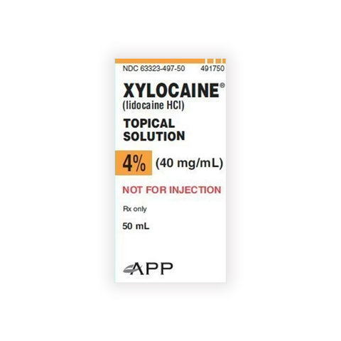 A white box labeled Xylocaine Topical Solution, 4%, 50mL, from MedPharma USA is marked for external use only and offers effective pain relief as a local anesthetic.