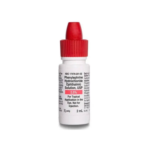 A small white bottle with a red cap from MedPharma USA is labeled Phenylephrine Hydrochloride Ophthalmic Solution 2.5%, intended for topical eye application to aid in pupil dilation, not for injection, containing 2 mL of solution.