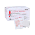 A box of Alcohol Prep Pad by MedPharma USA contains 200 sterile, medium pads. Next to the box, a pack and unfolded pad with isopropyl alcohol are displayed, showcasing the products packaging and size.