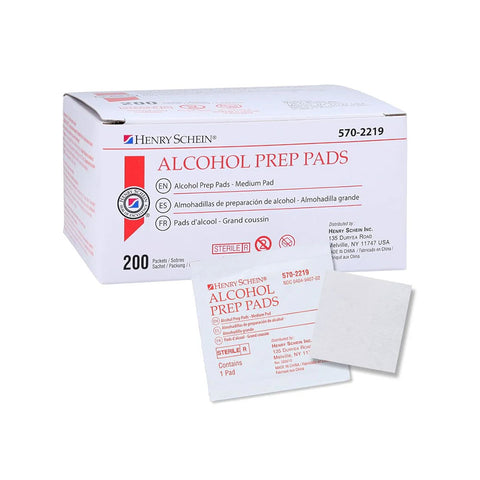 A box of Alcohol Prep Pad by MedPharma USA contains 200 sterile, medium pads. Next to the box, a pack and unfolded pad with isopropyl alcohol are displayed, showcasing the products packaging and size.