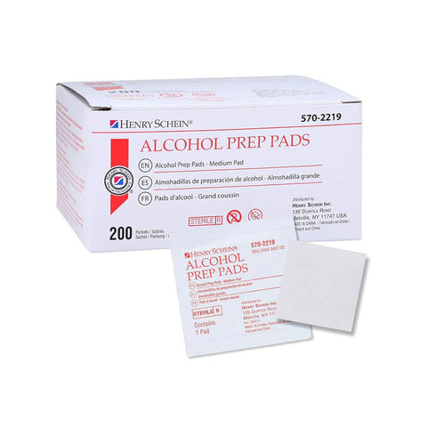 200-count box of alcohol prep pads ‚Äì medium 2-ply sterile antiseptic wipes for injection prep by henry schein.