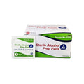 Image of a box and a single packet of MedPharma USA Alcohol Prep Pads (Sterile, Large), featuring isopropyl alcohol. The box, mostly white with blue and green details, contains 200 large pads per Box. The packet shares the same design and branding.