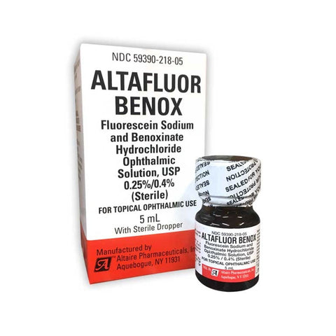 Image of a box and vial of Altafluor Benoxinate, a 0.25%/0.4% sterile ophthalmic solution with Fluorescein Sodium and Benoxinate Hydrochloride, includes 5mL sterile dropper by MedPharma USA and crafted by Altaire Pharmaceuticals, New York.