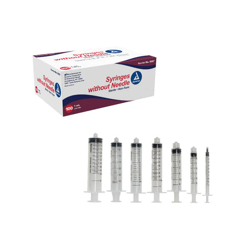 A box labeled 1cc TB Syringe, luer slip 100/Box, Dynarex by MedPharma USA contains 100 disposable syringes and features a red and blue design. Six Luer Slip syringes of various sizes are aligned above the box.