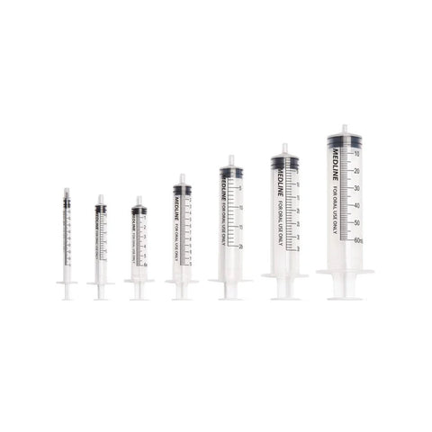 Seven MedPharma USA medical syringes, including a 1cc TB Syringe (Medline Luer Slip), are arranged in ascending order from left to right. The smallest is on the left, and the largest on the right, with each syringe featuring clear measurement units for precise dosage.