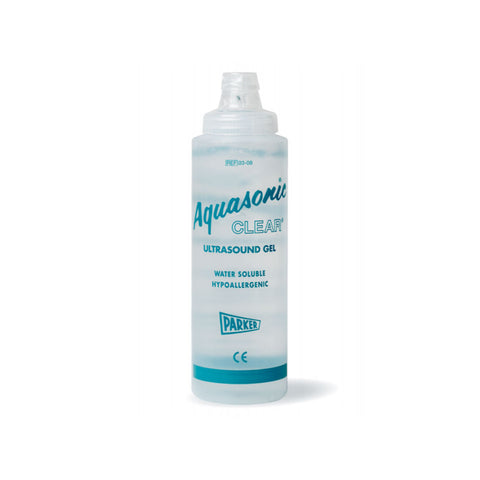 A clear plastic bottle labeled Aquasonic Ultrasound Gel, .25 Liter from MedPharma USA with a blue cap ensures excellent acoustic transmission. The bottle states it is water-soluble, hypoallergenic, and ideal for diagnostic imaging.