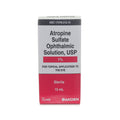 Box labeled Atropine Sulfate Ophthalmic Solution, 1%, 5mL (Sterile) - Amneal, designed for pupil dilation. Features red and white packaging with MedPharma USA branding and NDC number prominently displayed on top.