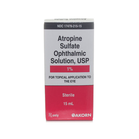 Box labeled Atropine Sulfate Ophthalmic Solution, 1%, 5mL (Sterile) - Amneal, designed for pupil dilation. Features red and white packaging with MedPharma USA branding and NDC number prominently displayed on top.