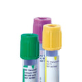 Three MedPharma USA BD Vacutainer Safety-Lok blood collection sets, recognizable by their colored caps—green, purple, and yellow—are neatly arranged. They each have labels with text and barcodes, standing upright against a plain white background.