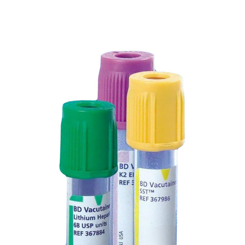 Three MedPharma USA BD Vacutainer Safety-Lok blood collection sets, recognizable by their colored caps—green, purple, and yellow—are neatly arranged. They each have labels with text and barcodes, standing upright against a plain white background.