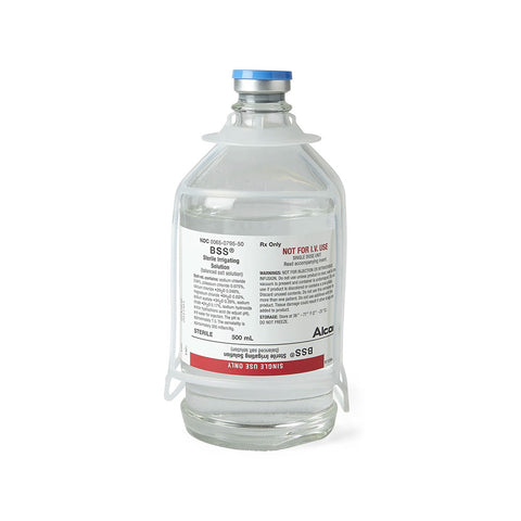 A 500 mL glass bottle of BSS - Balanced Salt Solution by MedPharma USA, with a blue cap and Not for IV Use warning, offers ideal sterile irrigation for labs. The front label shows product info, usage instructions, and manufacturer details. Available in cases of 6x500 mL.