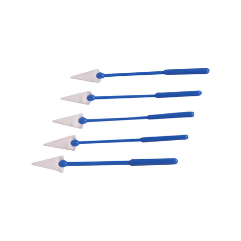 Five Cellulose Spears from MedPharma USA, featuring blue plastic sticks with white foam triangular tips in parallel, suitable for food service applications.