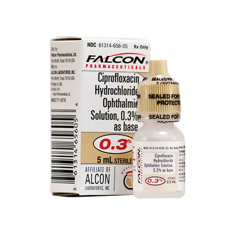 The small white box and bottle of MedPharma USAs Ciprofloxin Ophthalmic Solution 0.3%, 5mL, treat bacterial infections. The packaging includes product information with a prominent red 0.3% label, highlighting its role as a broad-spectrum antibiotic.