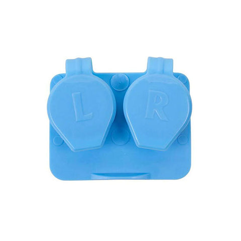 The Color Flip Top Contact Lens Case by MedPharma USA comes in blue plastic with two rounded compartments labeled L and R. Its flip-top design ensures easy access, while the moisture-tight seal keeps lenses secure.