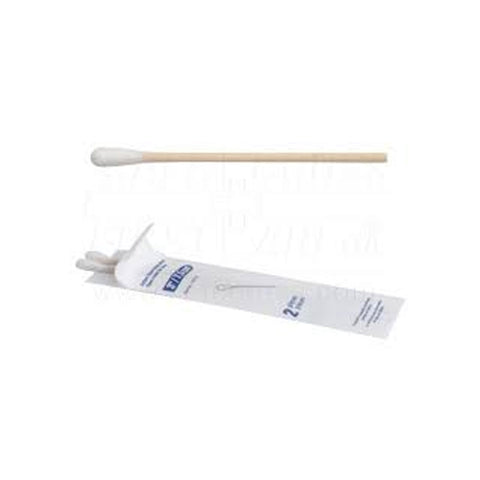 A single wooden swab with a white cotton tip, labeled for 2s from MedPharma USAs 6 sterile Cotton Tip Applicators, is shown above its open packaging, revealing another applicator partially inside against a plain white background.