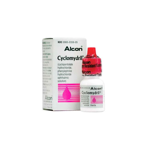 A small white bottle labeled Cyclomydril Ophthalmic Solution, 0.2%, 2mL with a red cap is next to its matching box featuring a pink droplet symbol, displaying the product name and details in black and pink text alongside MedPharma USAs logo. This solution aids in pupil dilation.