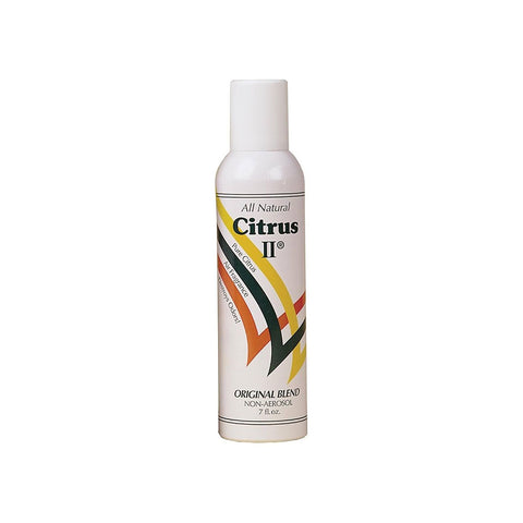 The 7 fl oz MedPharma USA Deodorizing Spray in a white, colorful striped non-aerosol can is labeled All Natural Citrus II and Original Blend. It features lemon-inspired green, orange, and yellow stripes with a white cap—an effective odor neutralizer for any space.