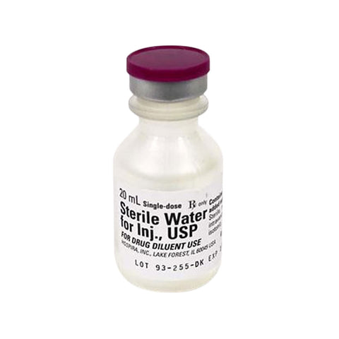 A 10 mL single-dose vial from MedPharma USA labeled Diluent Sterile Water for Injection with a purple cap, suitable for reconstitution, comes with visible lot number and expiration date.