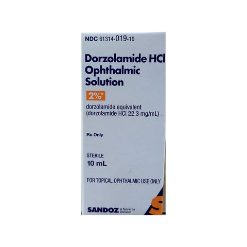 A 10 mL box of Dorzolamide Ophthalmic Solution 2% by MedPharma USA, NDC 61314-019-10, is designed to manage elevated intraocular pressure from glaucoma. It is for topical ophthalmic use only and Rx only, featuring a white background with blue and orange text.