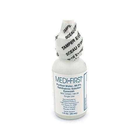 The 1oz Eye Wash Solution by MedPharma USA is a sterile ophthalmic solution labeled for use as an eyewash. It contains 98.3% purified water and comes in a convenient size with a tamper-evident seal.