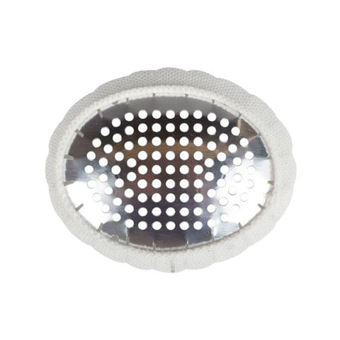 The MedPharma USA Eye Shield, Fox Aluminum- Adult, features a round aluminum design with multiple small holes and is bordered by a colored fabric garter. It is presented from a top-down view against a plain white background.